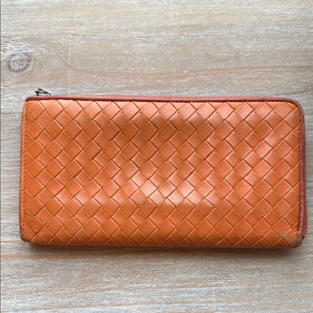 Bottega Veneta Zip Around Orange Woven Leather wallet